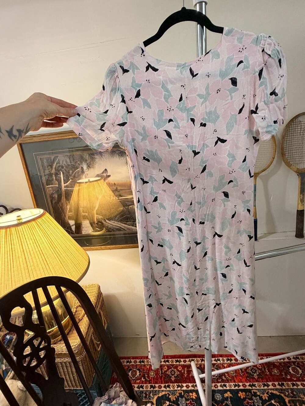 Parisian Cottagecore Floral Midi Dress Romantic Soft Pink Chic Puff Sleeve Slip